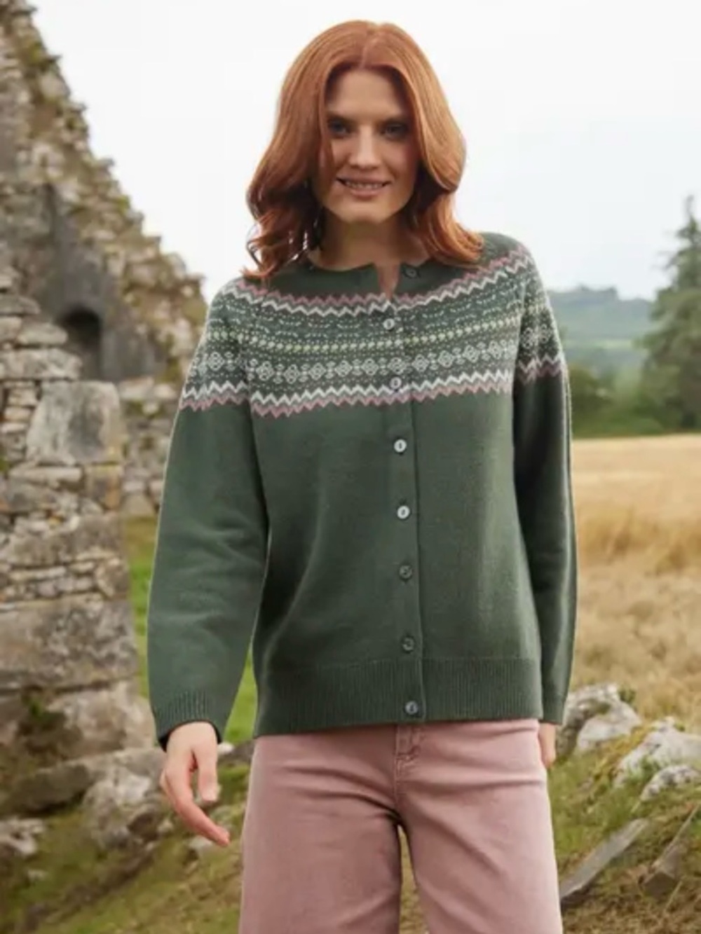 Fair Isle Button-Front Cardigan Sweater - Green